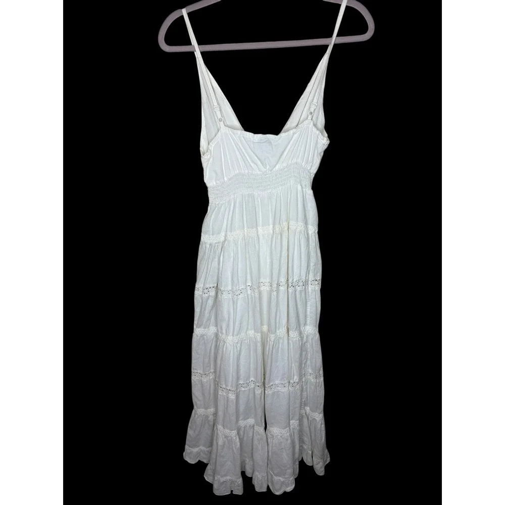 White Tiered Maxi Dress Boho Crochet Lace Smocked Waist Large - Picture 2 of 5